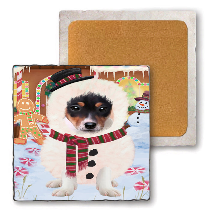 Christmas Gingerbread House Candyfest Rat Terrier Dog Set of 4 Natural Stone Marble Tile Coasters MCST51493