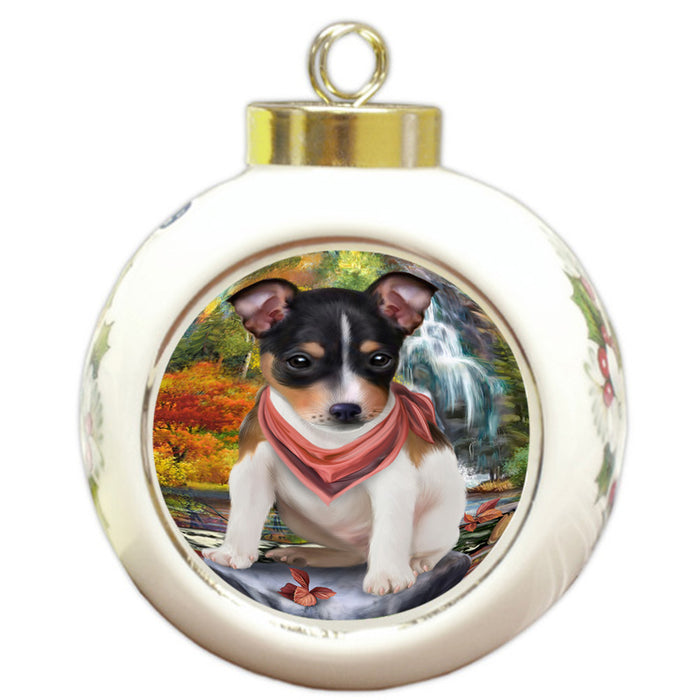 Scenic Waterfall Rat Terrier Dog Round Ball Christmas Ornament RBPOR51929