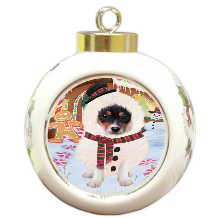 Christmas Gingerbread House Candyfest Rat Terrier Dog Round Ball Christmas Ornament RBPOR56849