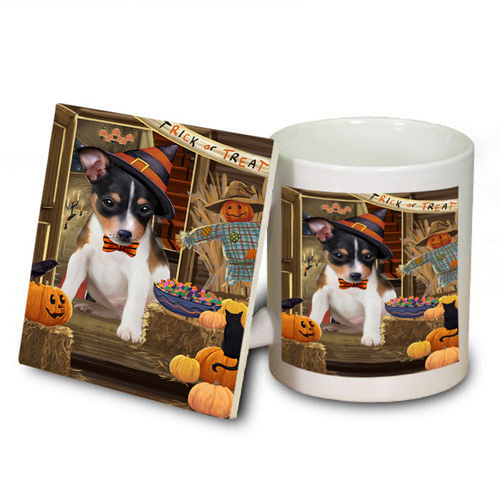 Enter at Own Risk Trick or Treat Halloween Rat Terrier Dog Mug and Coaster Set MUC53230