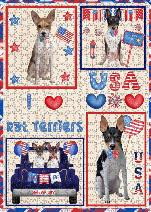 4th of July Independence Day I Love USA Rat Terrier Dogs Portrait Jigsaw Puzzle for Adults Animal Interlocking Puzzle Game Unique Gift for Dog Lover's with Metal Tin Box