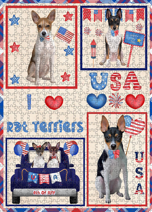 4th of July Independence Day I Love USA Rat Terrier Dogs Portrait Jigsaw Puzzle for Adults Animal Interlocking Puzzle Game Unique Gift for Dog Lover's
