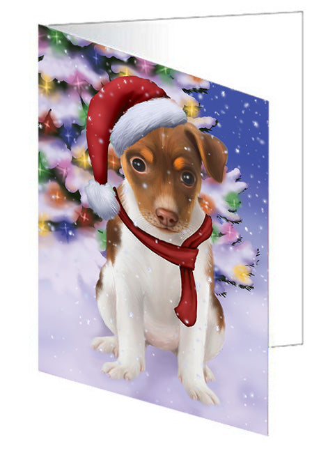 Winterland Wonderland Rat Terrier Dog In Christmas Holiday Scenic Background  Handmade Artwork Assorted Pets Greeting Cards and Note Cards with Envelopes for All Occasions and Holiday Seasons GCD64268