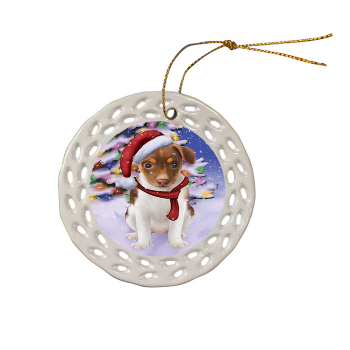 Winterland Wonderland Rat Terrier Dog In Christmas Holiday Scenic Background  Ceramic Doily Ornament DPOR53413