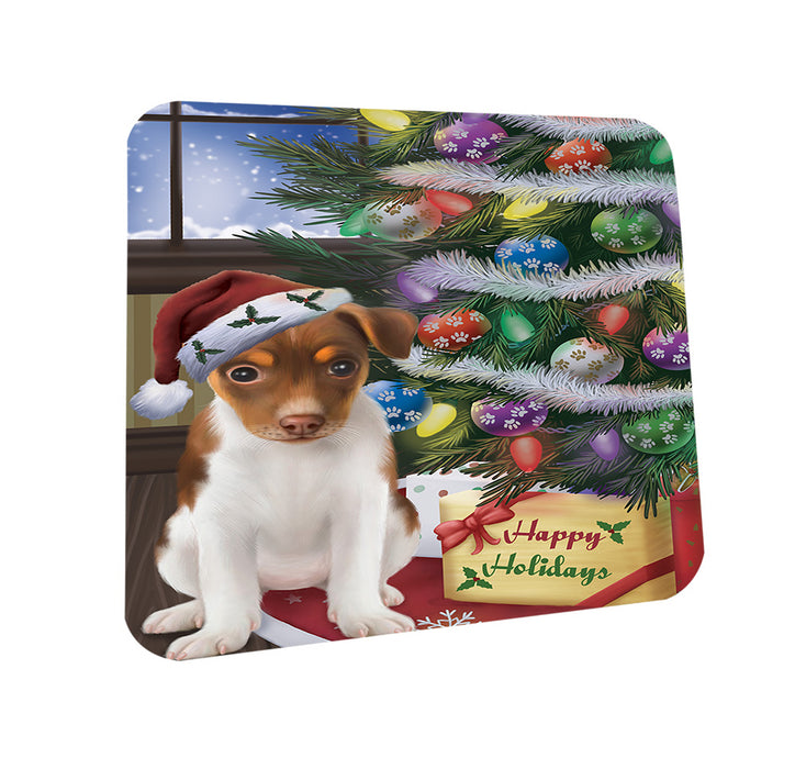 Christmas Happy Holidays Rat Terrier Dog with Tree and Presents Coasters Set of 4 CST53810