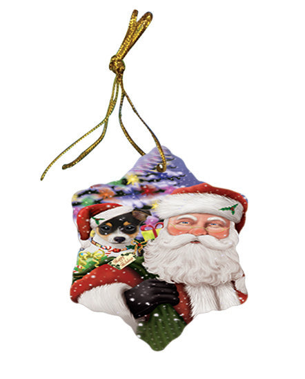 Santa Carrying Rat Terrier Dog and Christmas Presents Star Porcelain Ornament SPOR54001