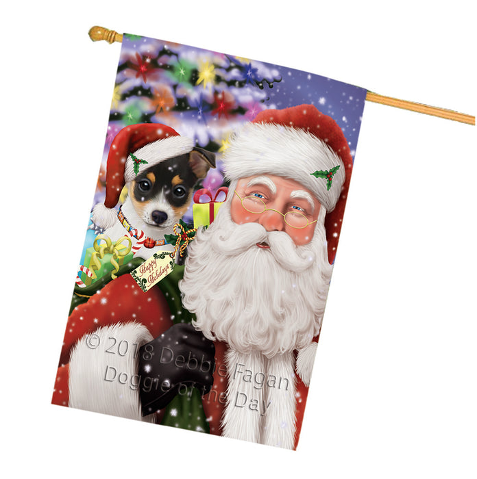 Santa Carrying Rat Terrier Dog and Christmas Presents House Flag FLG54208