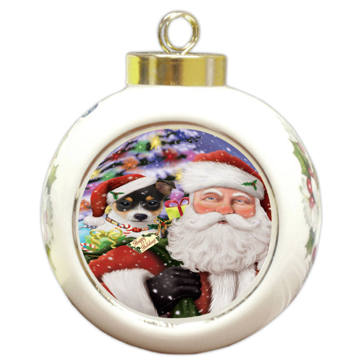 Santa Carrying Rat Terrier Dog and Christmas Presents Round Ball Christmas Ornament RBPOR54010