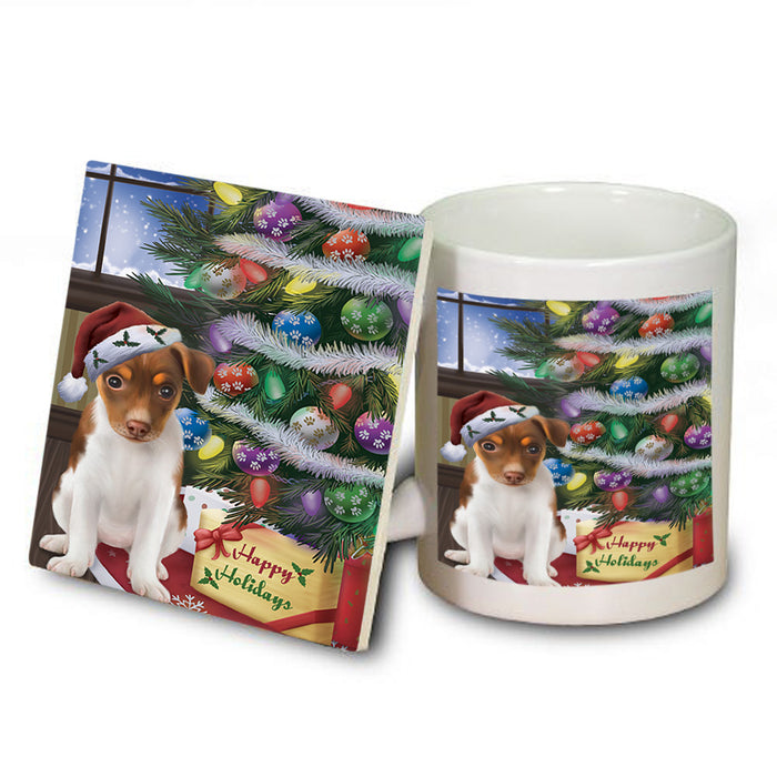 Christmas Happy Holidays Rat Terrier Dog with Tree and Presents Mug and Coaster Set MUC53844