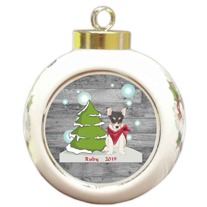 Custom Personalized Winter Scenic Tree and Presents Rat Terrier Dog Christmas Round Ball Ornament