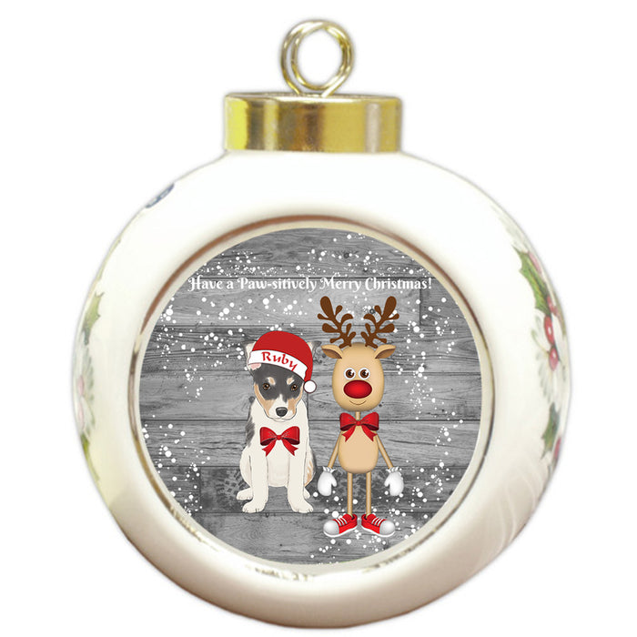 Custom Personalized Rat Terrier Dog Reindeer and Pooch Christmas Round Ball Ornament