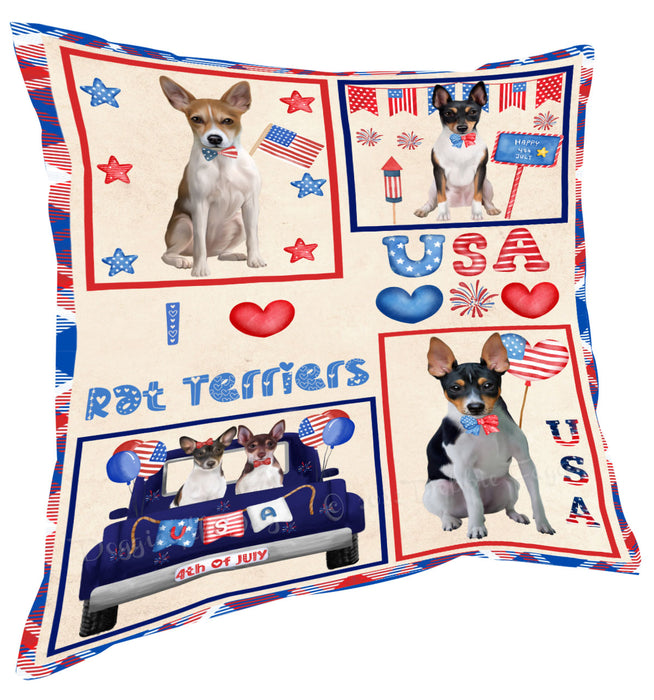 4th of July Independence Day I Love USA Rat Terrier Dogs Pillow with Top Quality High-Resolution Images - Ultra Soft Pet Pillows for Sleeping - Reversible & Comfort - Ideal Gift for Dog Lover - Cushion for Sofa Couch Bed - 100% Polyester