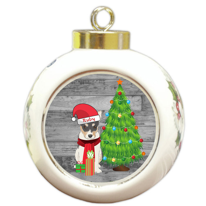 Custom Personalized Rat Terrier Dog With Tree and Presents Christmas Round Ball Ornament