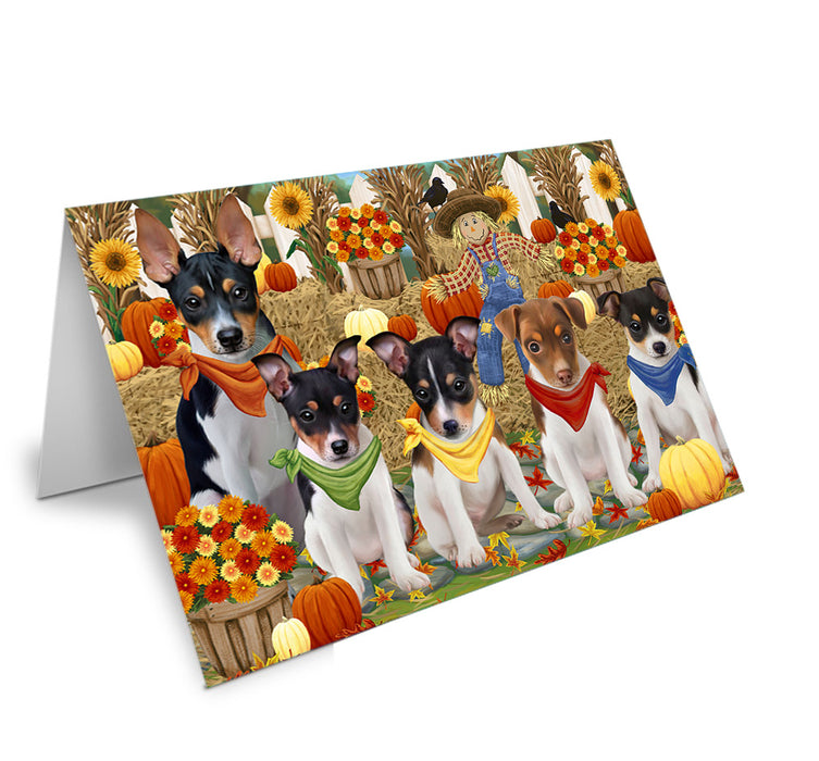 Fall Festive Gathering Rat Terriers Dog with Pumpkins Handmade Artwork Assorted Pets Greeting Cards and Note Cards with Envelopes for All Occasions and Holiday Seasons GCD56417