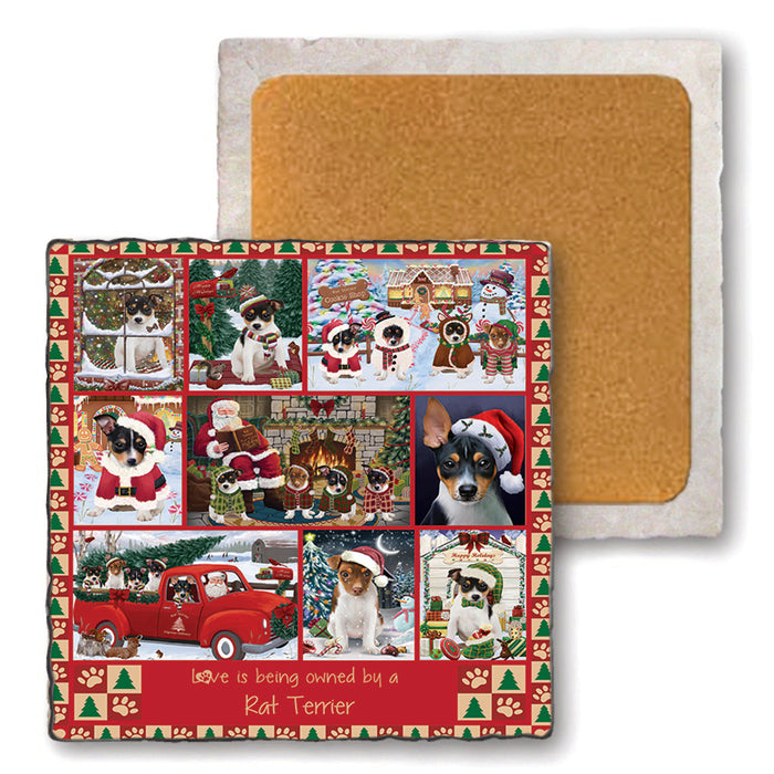 Love is Being Owned Christmas Rat Terrier Dogs Set of 4 Natural Stone Marble Tile Coasters MCST52246
