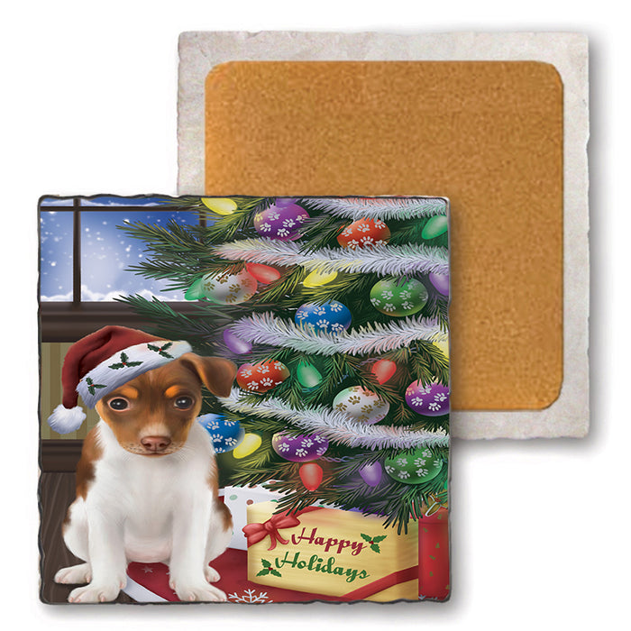 Christmas Happy Holidays Rat Terrier Dog with Tree and Presents Set of 4 Natural Stone Marble Tile Coasters MCST48852