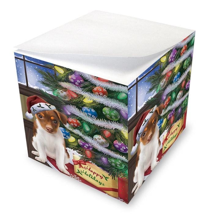Christmas Happy Holidays Rat Terrier Dog with Tree and Presents Note Cube NOC55498
