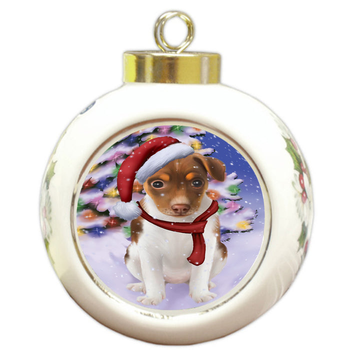 Winterland Wonderland Rat Terrier Dog In Christmas Holiday Scenic Background  Round Ball Christmas Ornament RBPOR53413