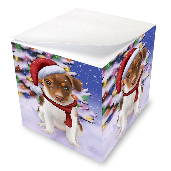 Winterland Wonderland Rat Terrier Dog In Christmas Holiday Scenic Background Note Cube NOC53413