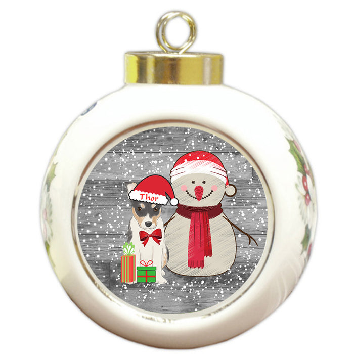 Custom Personalized Snowy Snowman and Rat Terrier Dog Christmas Round Ball Ornament