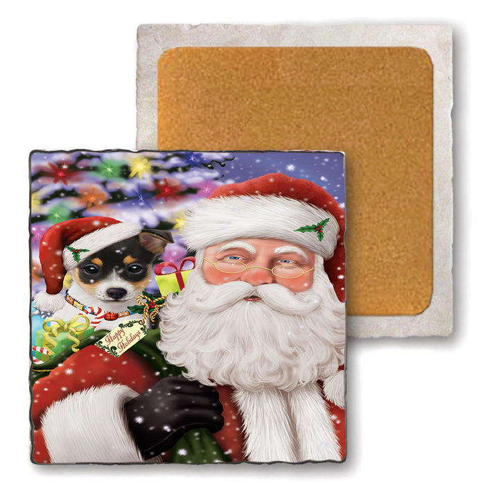 Santa Carrying Rat Terrier Dog and Christmas Presents Set of 4 Natural Stone Marble Tile Coasters MCST49010
