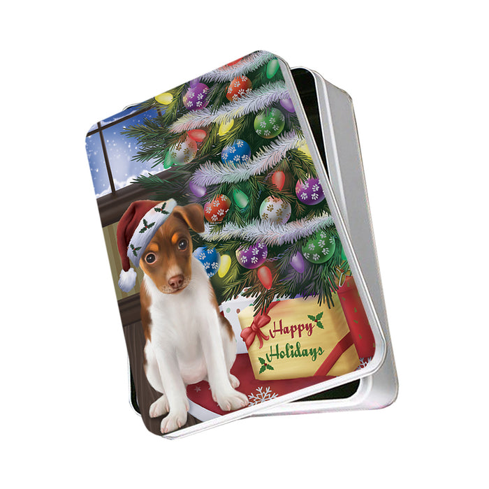 Christmas Happy Holidays Rat Terrier Dog with Tree and Presents Photo Storage Tin PITN53795