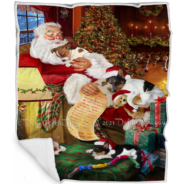 Rat Terrier Dog and Puppies Sleeping with Santa Blanket