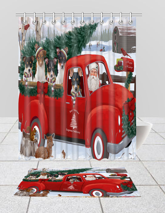 Christmas Santa Express Delivery Red Truck Rat Terrier Dogs Bath Mat and Shower Curtain Combo