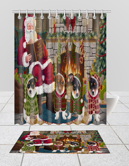 Christmas Cozy Holiday Fire Tails Rat Terrier Dogs Bath Mat and Shower Curtain Combo