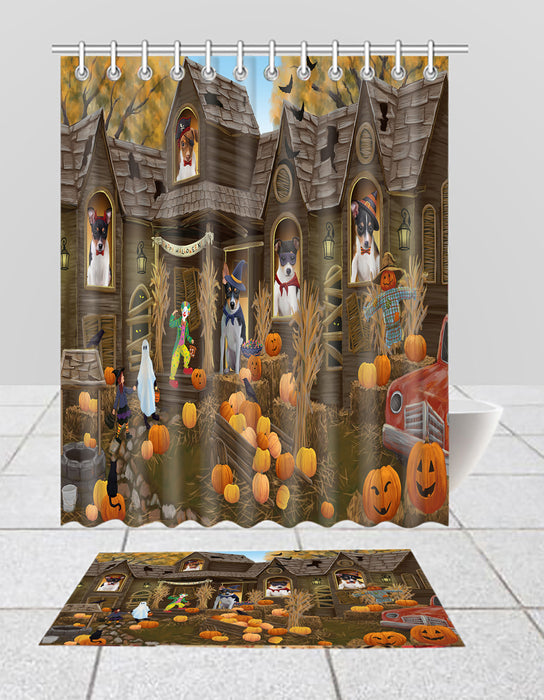 Haunted House Halloween Trick or Treat Rat Terrier Dogs  Bath Mat and Shower Curtain Combo