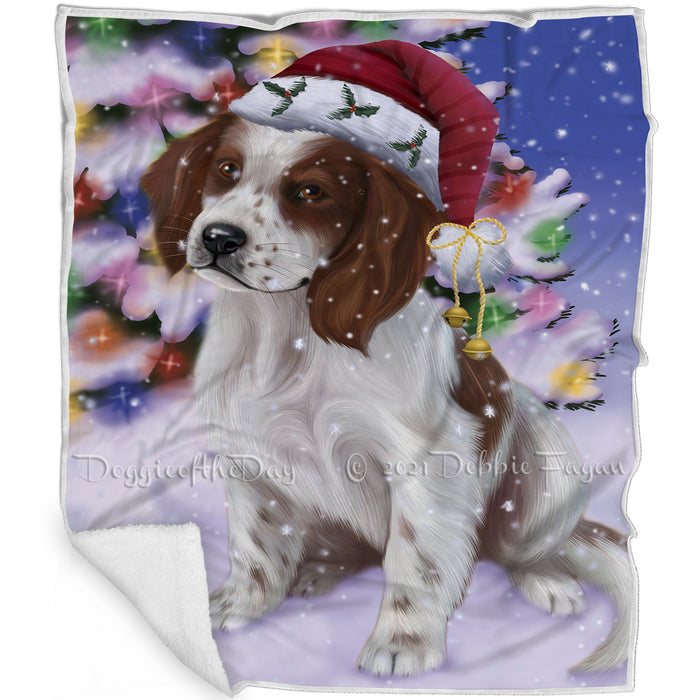 Winterland Wonderland Red And White Irish Setter Dog In Christmas Holiday Scenic Background Blanket BLNKT120891