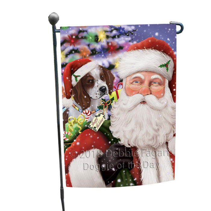 Santa Carrying Red And White Irish Setter Dog and Christmas Presents