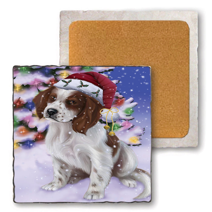 Winterland Wonderland Red And White Irish Setter Dog In Christmas Holiday Scenic Background Set of 4 Natural Stone Marble Tile Coasters MCST50719