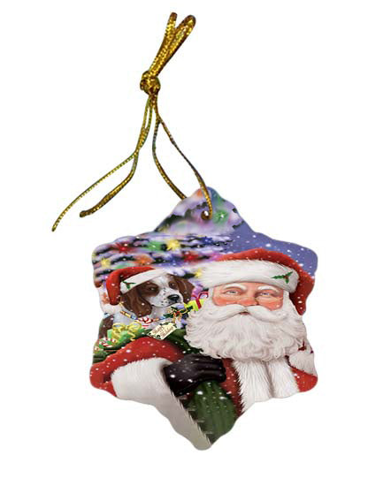 Santa Carrying Red And White Irish Setter Dog and Christmas Presents Star Porcelain Ornament SPOR55878