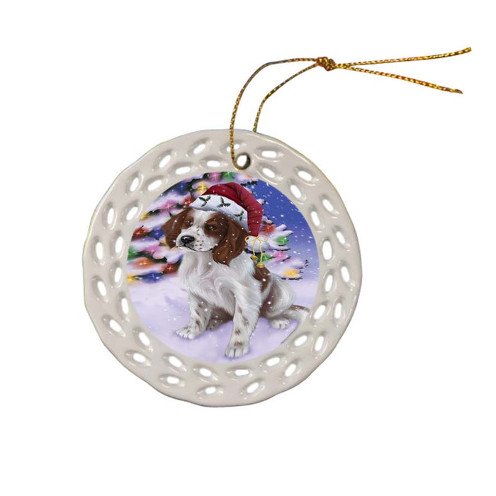 Winterland Wonderland Red And White Irish Setter Dog In Christmas Holiday Scenic Background Ceramic Doily Ornament DPOR56075