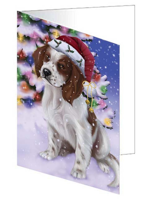 Winterland Wonderland Red And White Irish Setter Dog In Christmas Holiday Scenic Background Handmade Artwork Assorted Pets Greeting Cards and Note Cards with Envelopes for All Occasions and Holiday Seasons GCD71672
