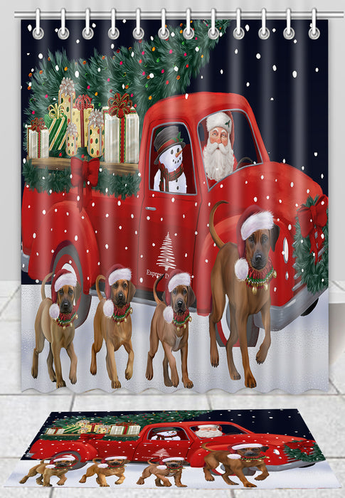 Christmas Express Delivery Red Truck Running Rhodesian Ridgeback Dogs Bath Mat and Shower Curtain Combo