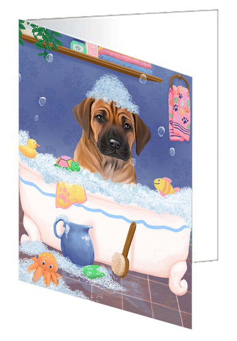 Rub A Dub Dog In A Tub Rhodesian Ridgeback Dog Handmade Artwork Assorted Pets Greeting Cards and Note Cards with Envelopes for All Occasions and Holiday Seasons GCD79595