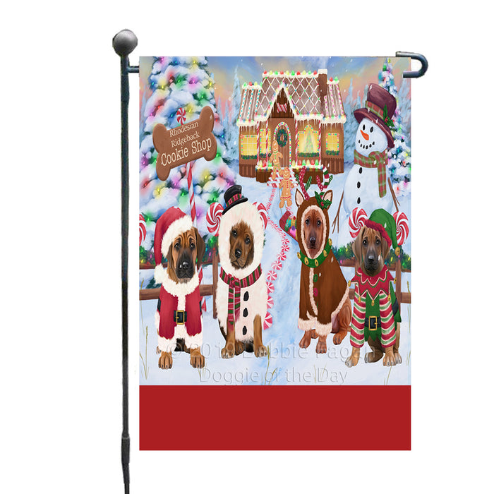 Personalized Holiday Gingerbread Cookie Shop Rhodesian Ridgeback Dogs Custom Garden Flags GFLG-DOTD-A59229