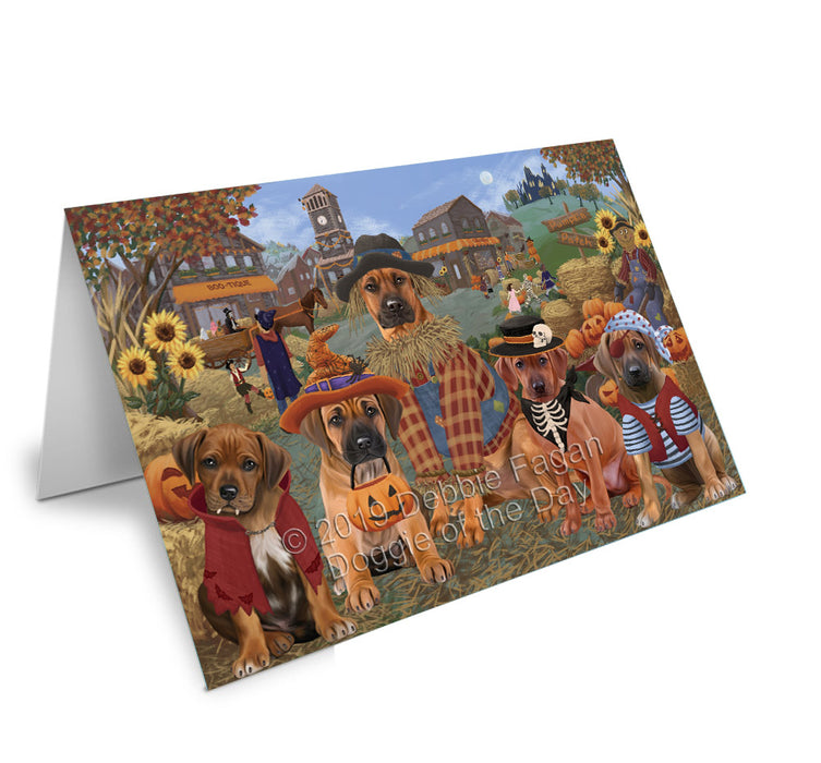 Halloween 'Round Town Rhodesian Ridgeback Dogs Handmade Artwork Assorted Pets Greeting Cards and Note Cards with Envelopes for All Occasions and Holiday Seasons GCD78428