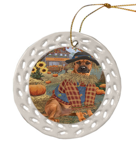 Fall Pumpkin Scarecrow Rhodesian Ridgeback Dogs Ceramic Doily Ornament DPOR57755