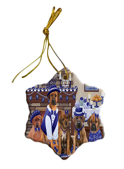 Happy Hanukkah Family Rhodesian Ridgeback Dogs Star Porcelain Ornament SPOR57724