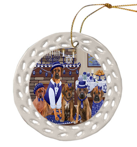 Happy Hanukkah Family Rhodesian Ridgeback Dogs Ceramic Doily Ornament DPOR57724