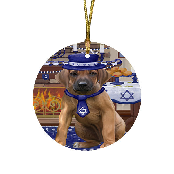 Happy Hanukkah Family and Happy Hanukkah Both Rhodesian Ridgeback Dog Round Flat Christmas Ornament RFPOR57689