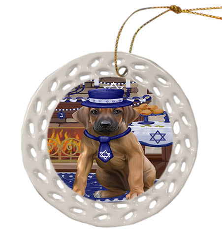 Happy Hanukkah Rhodesian Ridgeback Dog Ceramic Doily Ornament DPOR57785