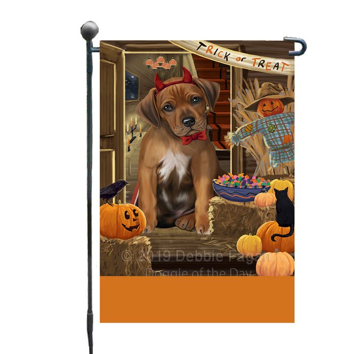 Personalized Enter at Own Risk Trick or Treat Halloween Rhodesian Ridgeback Dog Custom Garden Flags GFLG-DOTD-A59693