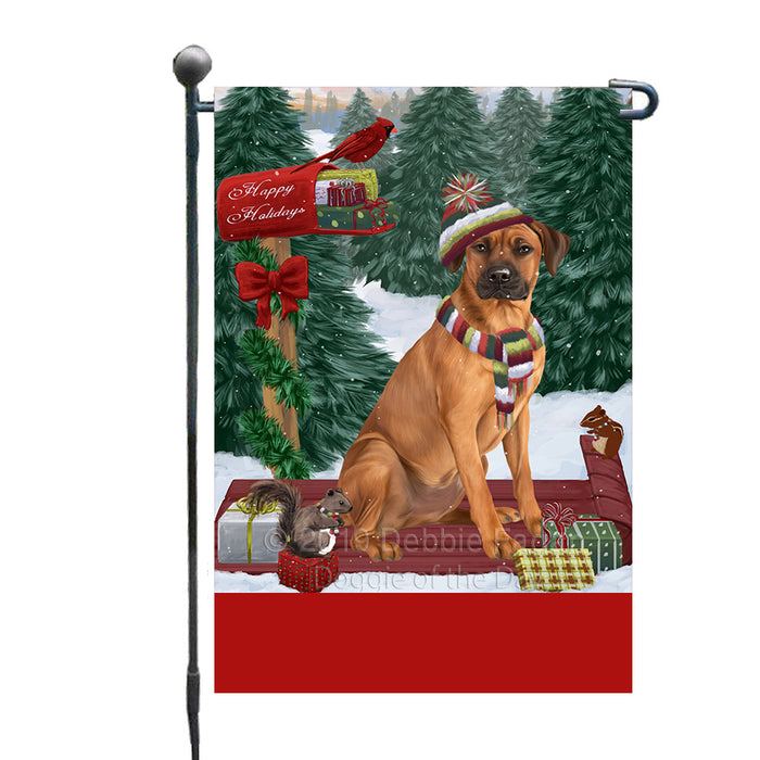 Personalized Merry Christmas Woodland Sled  Rhodesian Ridgeback Dog Custom Garden Flags GFLG-DOTD-A61666