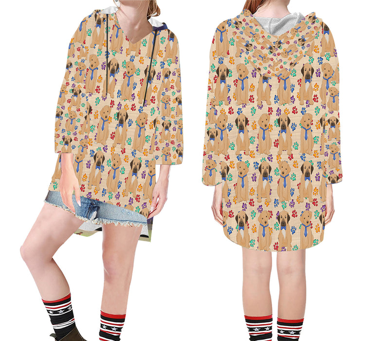 Rainbow Paw Print Rhodesian Ridgeback Dogs Blue Step Hem Women's Hoodie