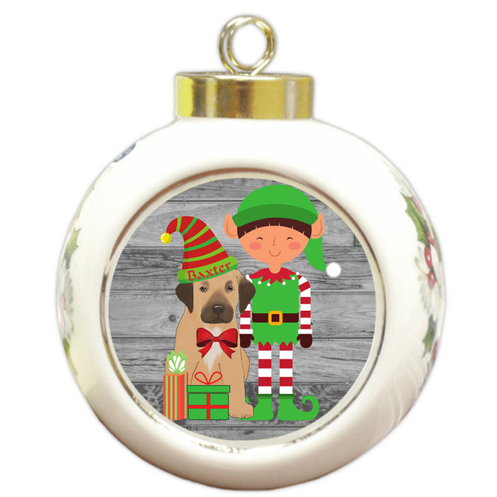 Custom Personalized Rhodesian Ridgeback Dog Elfie and Presents Christmas Round Ball Ornament