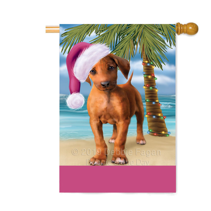Personalized Summertime Happy Holidays Christmas Rhodesian Ridgeback Dog on Tropical Island Beach Custom House Flag FLG-DOTD-A60578